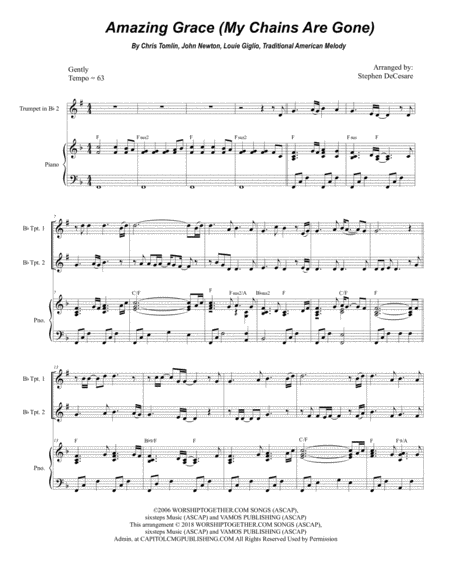 Amazing Grace My Chains Are Gone Duet For Bb Trumpet Sheet Music