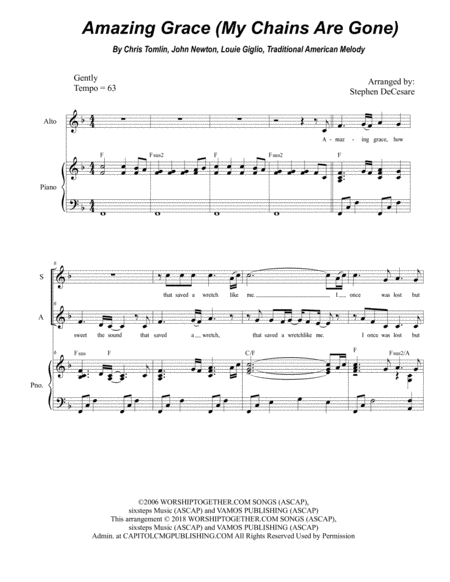 Amazing Grace My Chains Are Gone Duet For Soprano Alto Solo Sheet Music