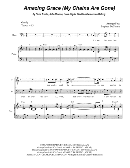 Free Sheet Music Amazing Grace My Chains Are Gone Duet For Tenor Bass Solo