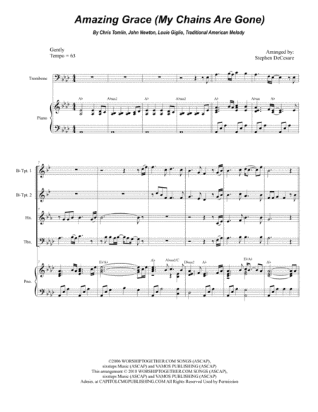 Amazing Grace My Chains Are Gone For Brass Quartet Piano Sheet Music