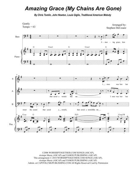 Free Sheet Music Amazing Grace My Chains Are Gone For Sab