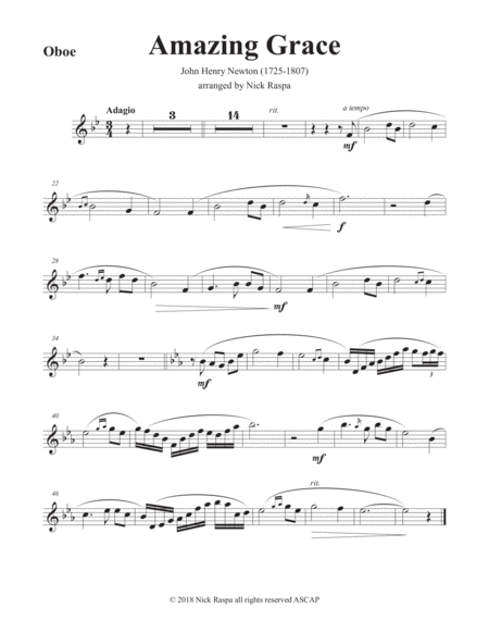 Amazing Grace Oboe Piano Oboe Part Sheet Music