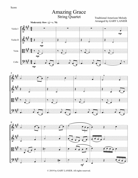 Amazing Grace String Quartet Violin 1 2 Viola And Cello Score Parts Included Sheet Music