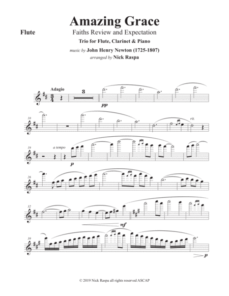 Amazing Grace Trio Flute Clarinet Piano Flute Part Sheet Music