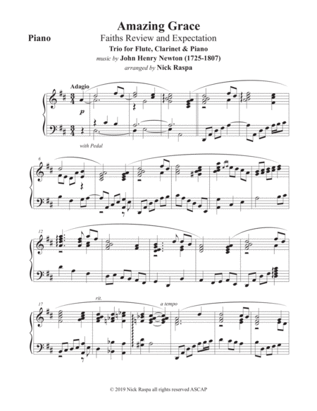 Amazing Grace Trio Flute Clarinet Piano Piano Part Sheet Music