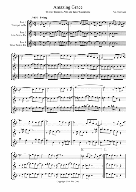 Amazing Grace Trio For Trumpet Alto And Tenor Saxophone Sheet Music