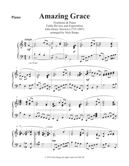 Amazing Grace Trombone Piano Piano Part Sheet Music