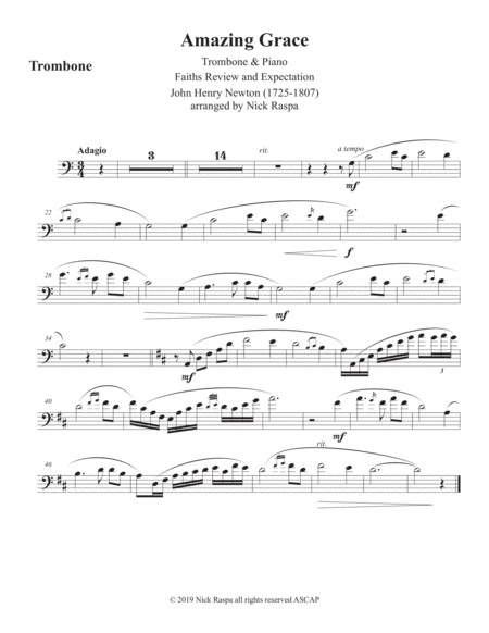 Amazing Grace Trombone Piano Trombone Part Sheet Music