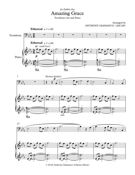 Amazing Grace Trombone Solo And Piano Score Part Sheet Music