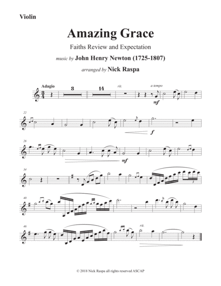 Amazing Grace Violin Piano Violin Part Sheet Music