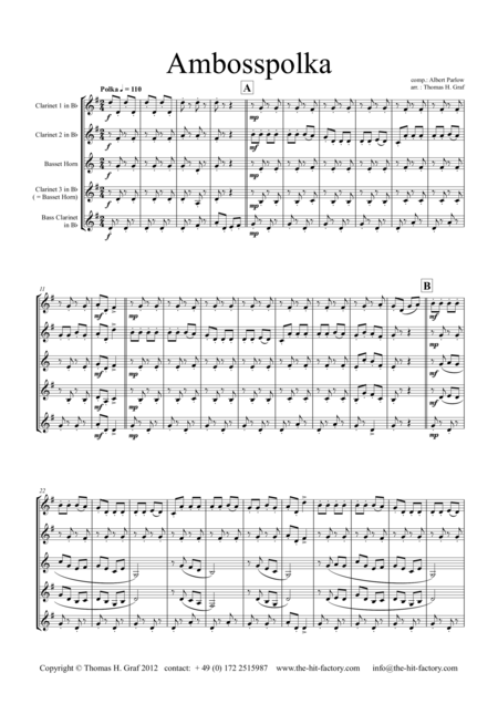 Amboss Polka German Polka Oktoberfest Clarinet Quartet Sheet Music