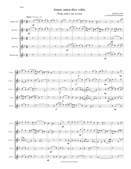 Amen Amen Dico Vobis Truly Truly I Say To You For Saxophone Quintet Sheet Music