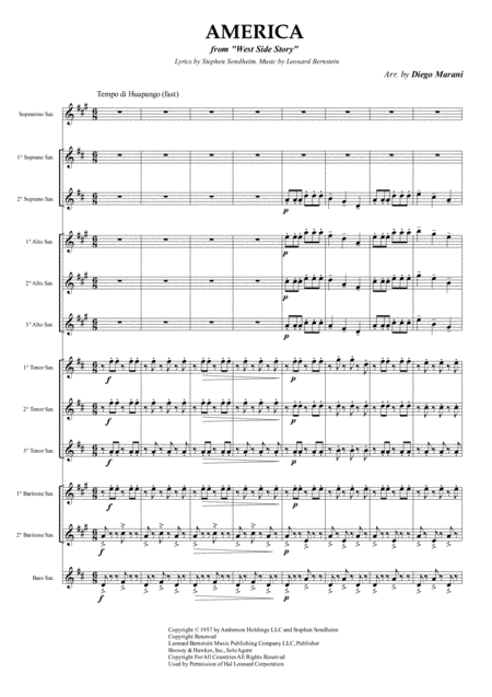 America From West Side Story For Saxophone Ensemble Sheet Music