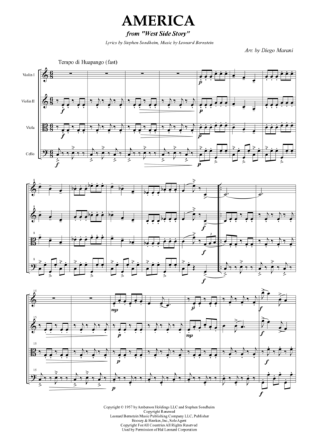 Free Sheet Music America From West Side Story For String Quartet