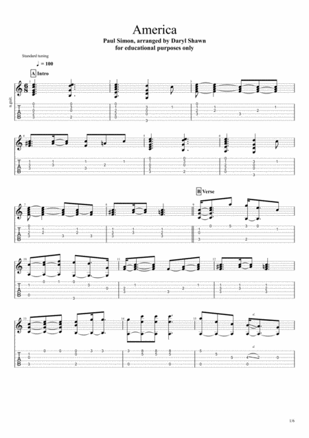 America Simon Garfunkel For Solo Fingerstyle Guitar Sheet Music