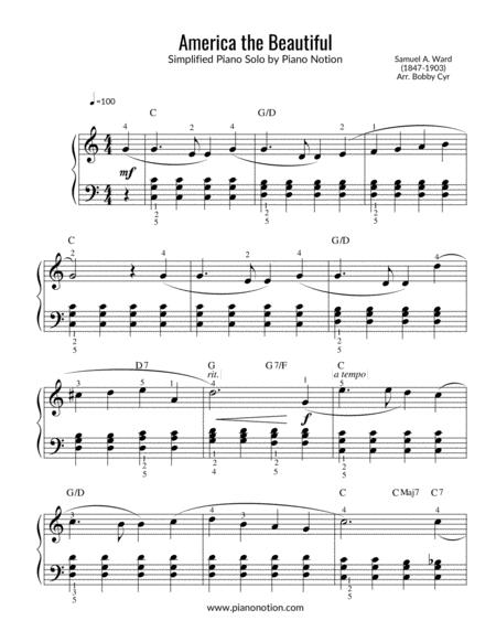 America The Beautiful Simplified Piano Solo Sheet Music