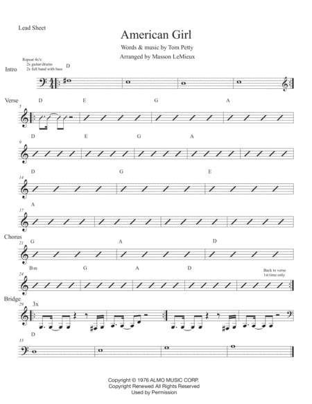 American Girl Lead Sheet For Full Band Sheet Music