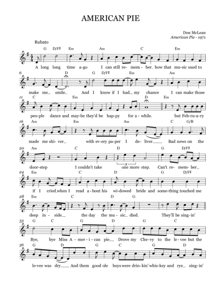 Free Sheet Music American Pie Leadsheet Melody Notated