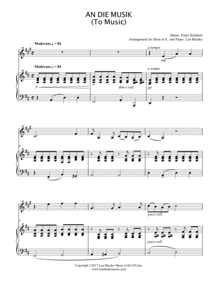 An Die Musik To Music Franz Schubert Horn In F And Piano Sheet Music