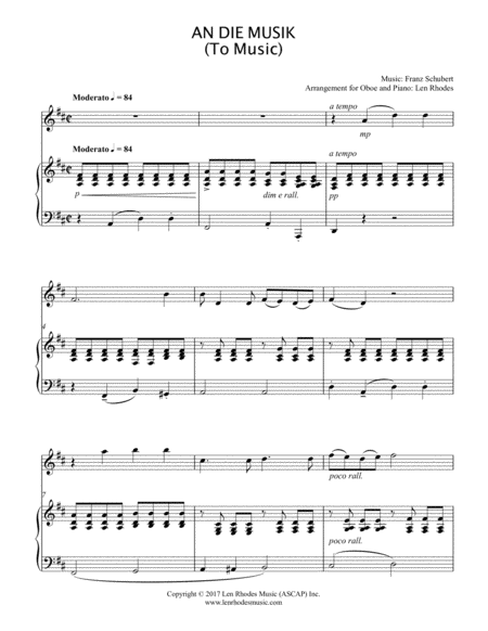 An Die Musik To Music Franz Schubert Oboe And Piano Sheet Music