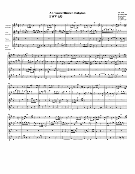 An Wasserflen Babylon Bwv 653 From Leipzig Chorales Arrangement For 4 Recorders Sheet Music