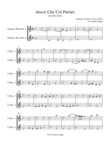 Free Sheet Music Ancor Che Col Partire Recorder Duet