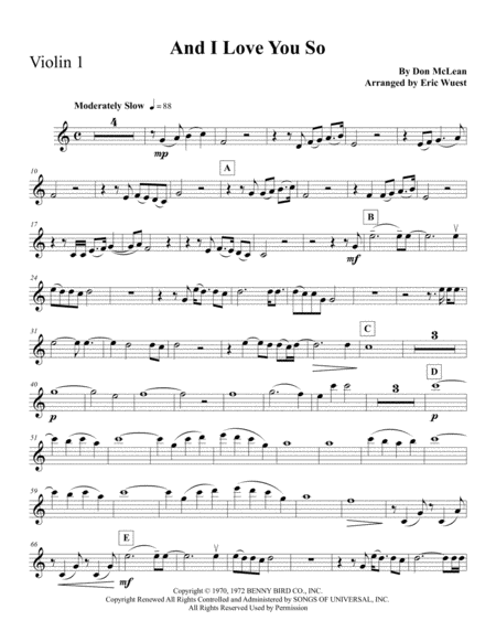 And I Love You So String Quartet Sheet Music