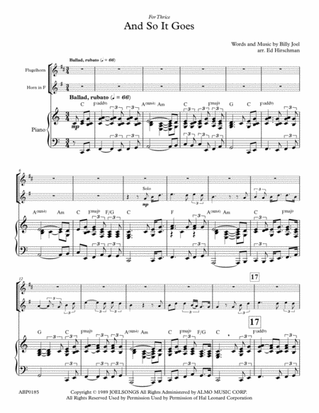 And So It Goes For Piano Trumpet And French Horn Sheet Music