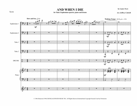 And When I Die For Tuba Euphonium Quartet Piano And Drums Sheet Music