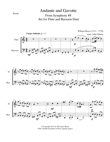 Andante And Gavotte By William Boyce For Flute And Bassoon Sheet Music