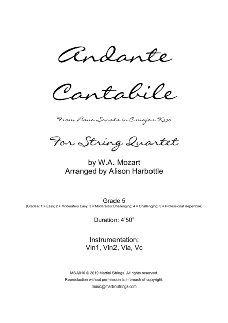 Free Sheet Music Andante Cantabile For String Quartet 2nd Movement From Piano Sonata In C Major K330