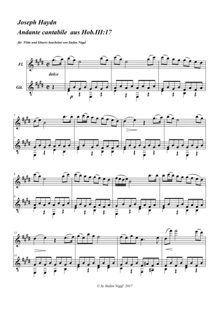 Free Sheet Music Andante Cantabile From Hob Iii 17 For Flute And Guitar