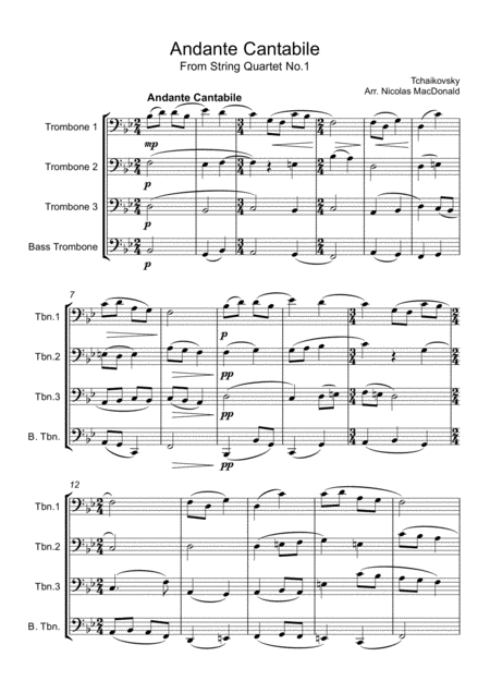 Free Sheet Music Andante Cantabile From String Quartet No 1 For Trombone Quartet