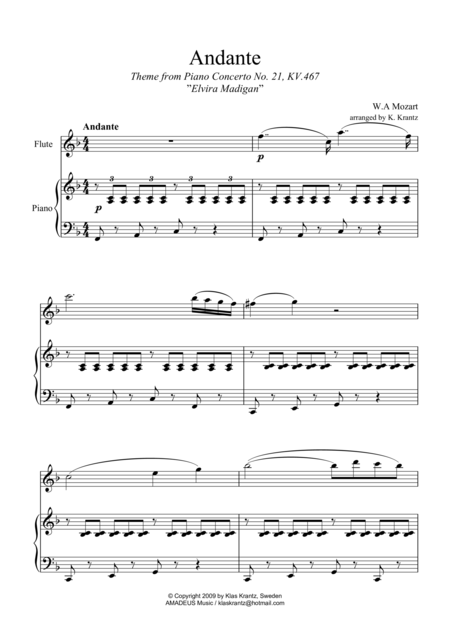 Andante From Elvira Madigan Abridged For Flute And Piano Sheet Music