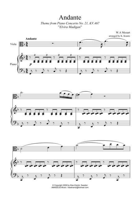 Free Sheet Music Andante From Elvira Madigan Abridged For Viola And Piano