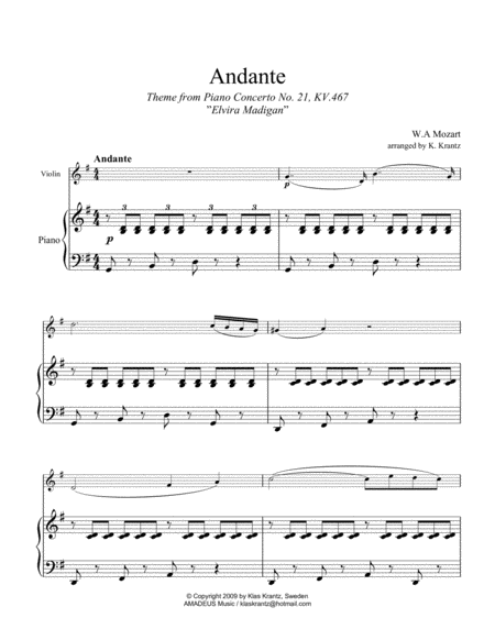 Andante From Elvira Madigan Abridged For Violin And Piano Sheet Music