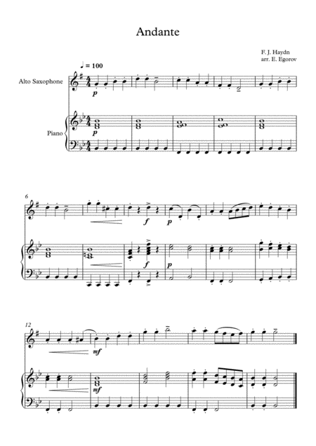 Andante Surprise Symphony Franz Joseph Haydn For Alto Saxophone Piano Sheet Music