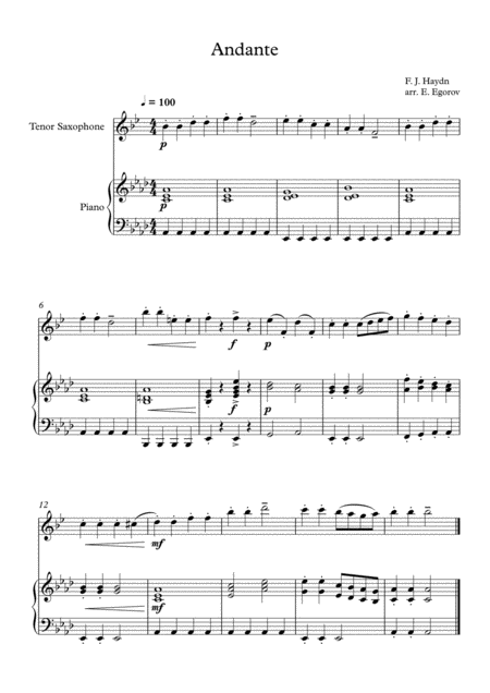 Andante Surprise Symphony Franz Joseph Haydn For Tenor Saxophone Piano Sheet Music