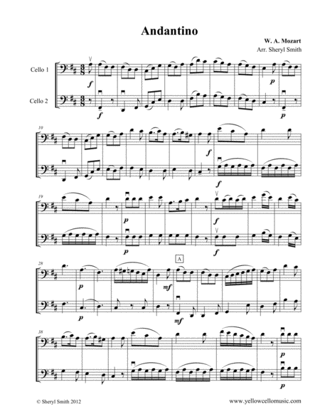 Andantino By Mozart Arranged For Two Cellos Cello Duo Duet Sheet Music