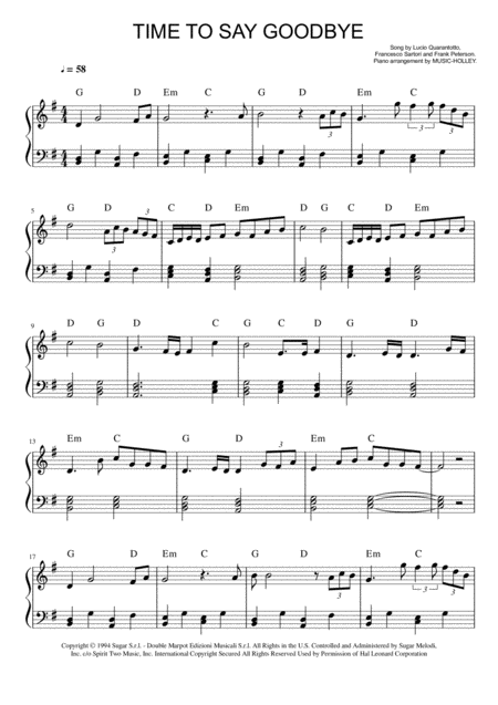 Andrea Bocelli Time To Say Goodbye Easy Piano Sheet Sheet Music