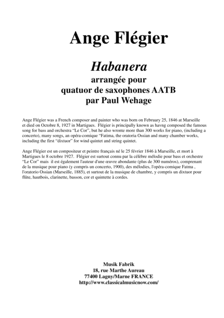 Free Sheet Music Ange Flgier Habanera Arranged For 2 Alto Saxophones Tenor Saxophone And Baritone Saxophone