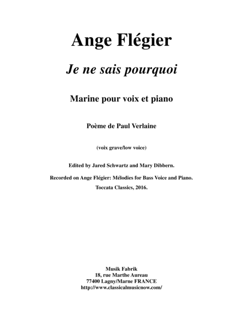 Ange Flgier Je Ne Sais Pourquoi For Bass Voice And Piano Sheet Music