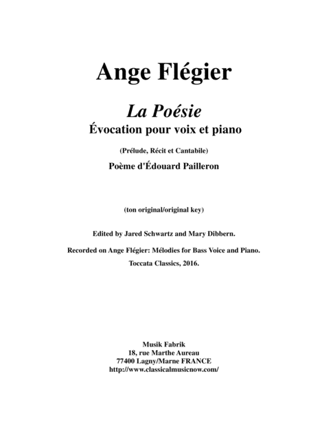 Ange Flgier La Posie For Baritone Voice And Piano Sheet Music