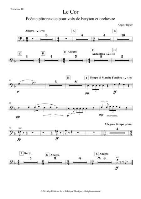 Free Sheet Music Ange Flgier Le Cor For Baritone Voice And Orchestra Trombone 3 Bass Trombone Part