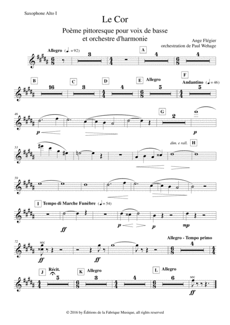 Free Sheet Music Ange Flgier Le Cor For Bass Voice And Concert Band Alto Saxophone 1 Part