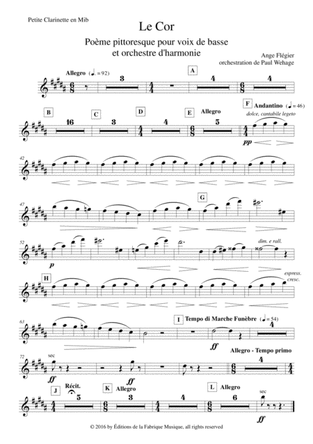 Ange Flgier Le Cor For Bass Voice And Concert Band Eb Clarinet Part Sheet Music