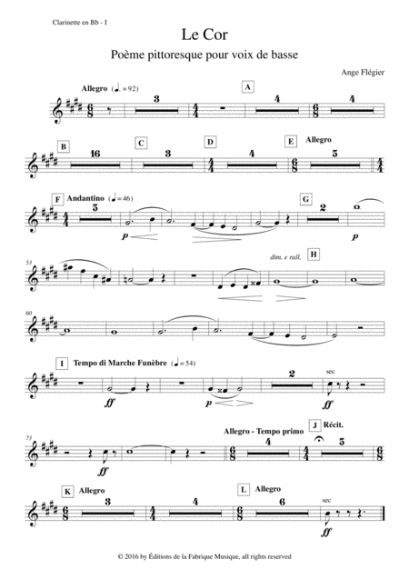 Ange Flgier Le Cor For Bass Voice And Orchestra Bb Clarinet 1 Part Sheet Music