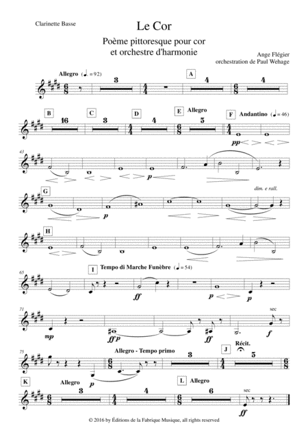 Ange Flgier Le Cor For Solo Horn And Concert Band Bass Clarinet Part Sheet Music