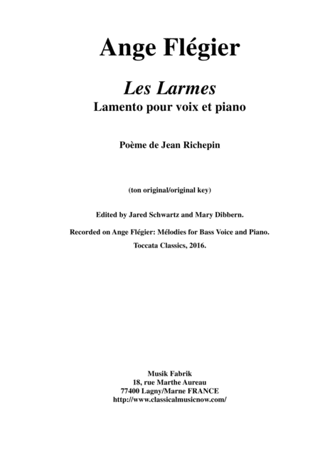 Ange Flgier Les Larmes For Miedum Voice And Piano Sheet Music