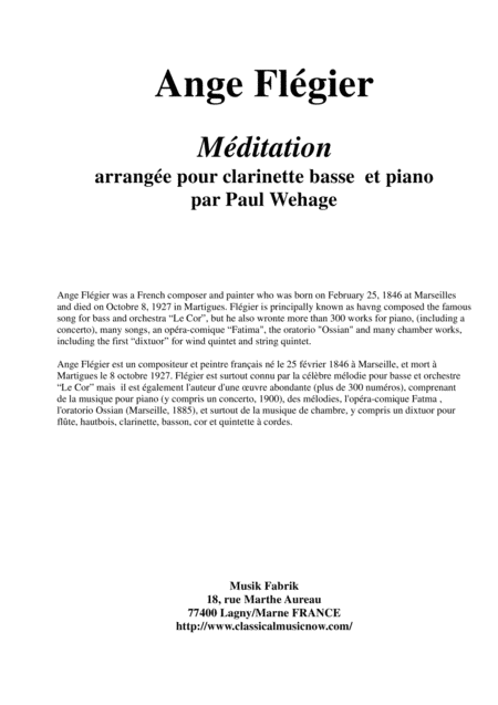 Free Sheet Music Ange Flgier Mditation For Bass Clarinet And Piano